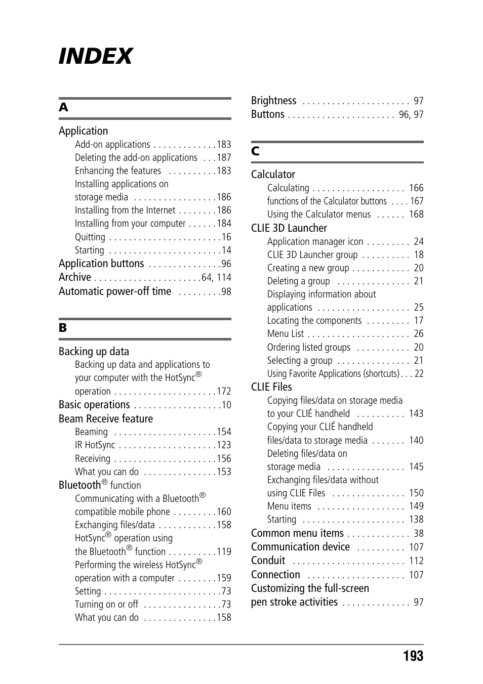 Index | Sony PEG-UX40 User Manual | Page 193 / 197