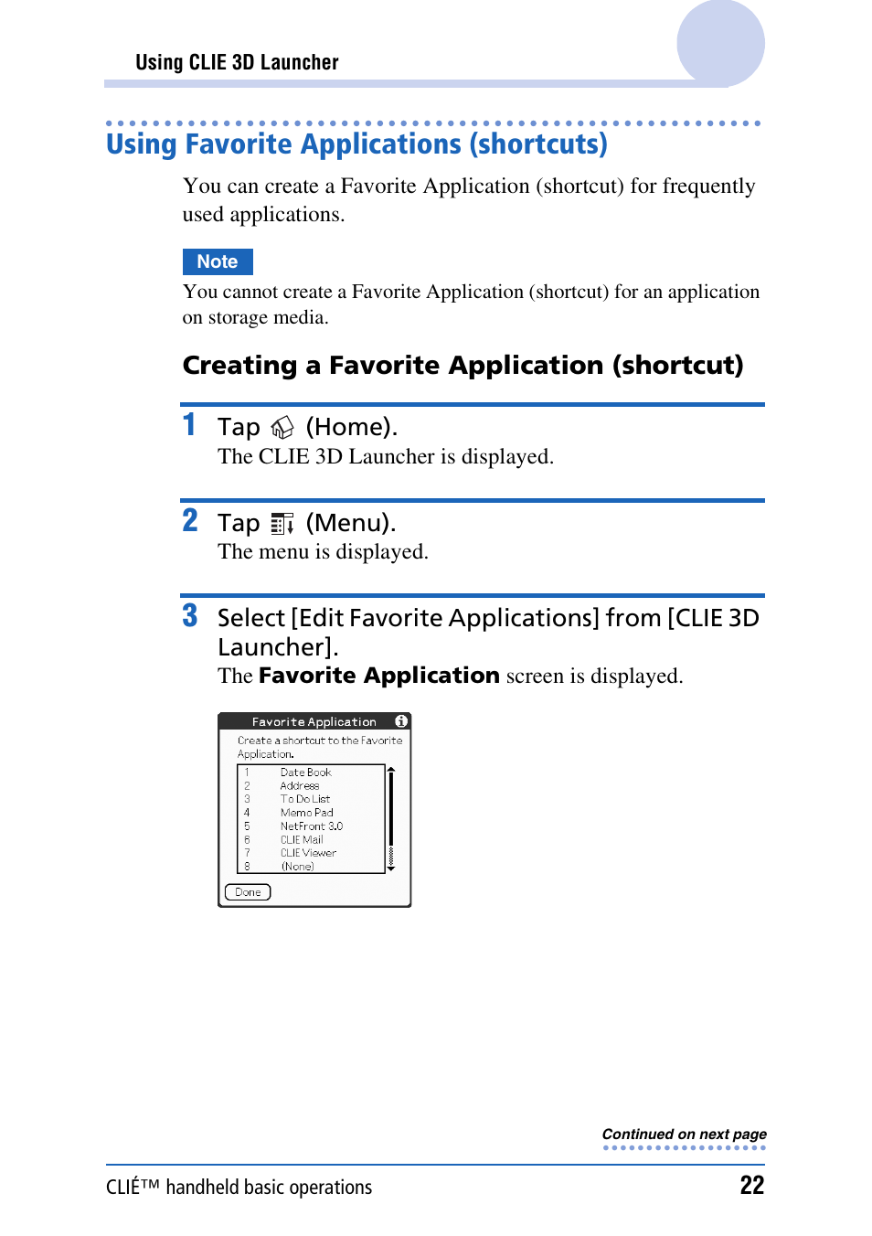 Using favorite applications (shortcuts), E 22) | Sony PEG-UX40 User Manual | Page 22 / 197