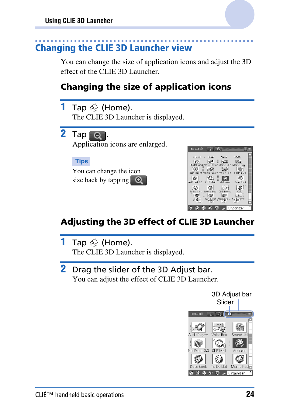 Changing the clie 3d launcher view | Sony PEG-UX40 User Manual | Page 24 / 197