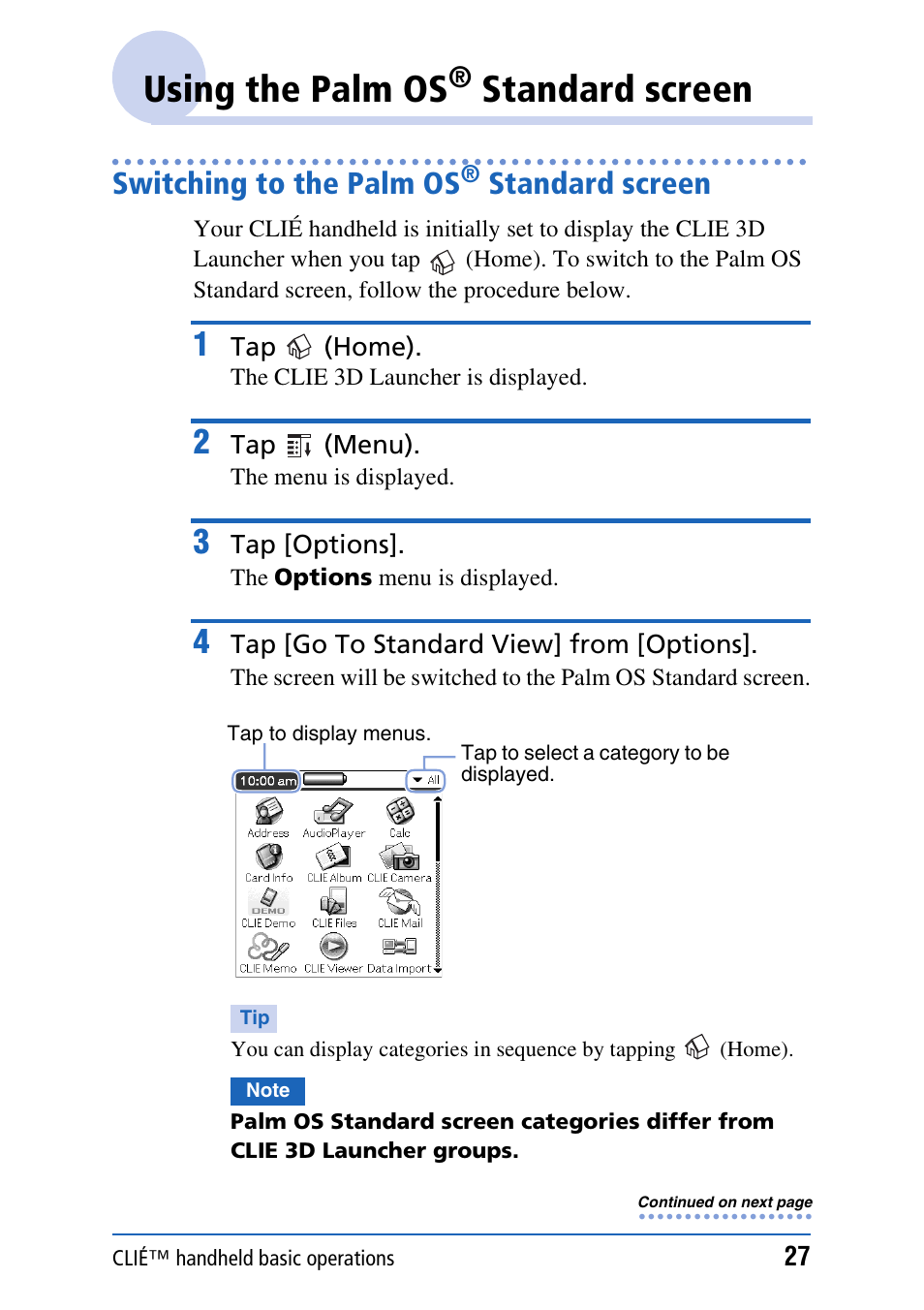 Using the palm os® standard screen, Switching to the palm os® standard screen, Using the palm os | Standard screen, Switching to the palm os, E 27) | Sony PEG-UX40 User Manual | Page 27 / 197