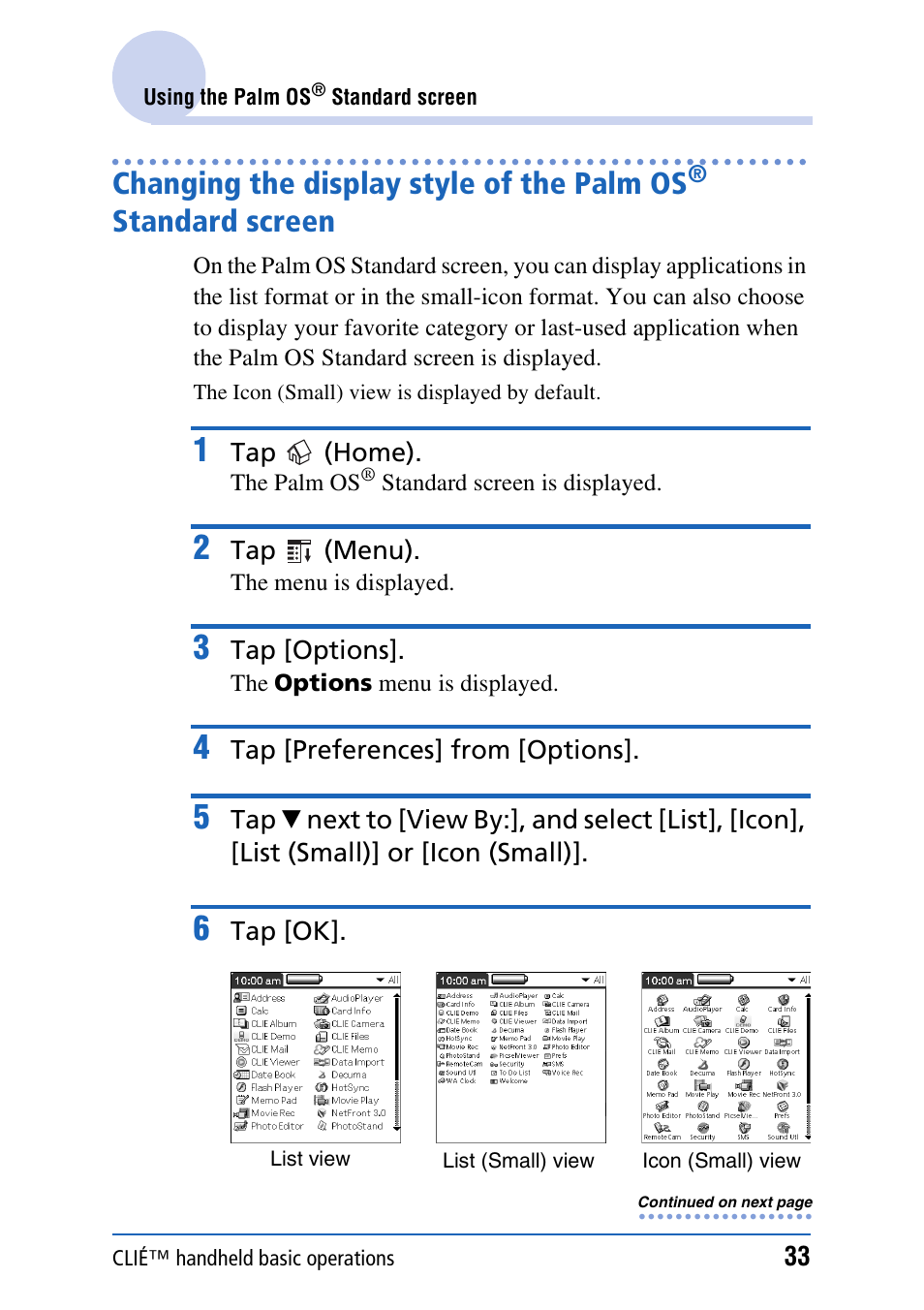 Changing the display style of the palm os, Standard screen | Sony PEG-UX40 User Manual | Page 33 / 197