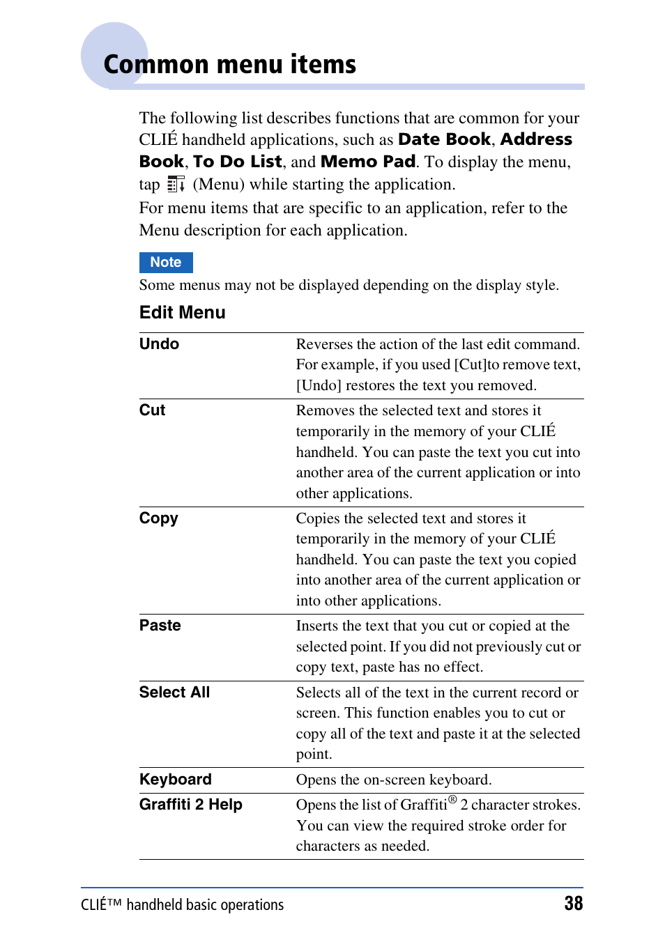 Common menu items | Sony PEG-UX40 User Manual | Page 38 / 197