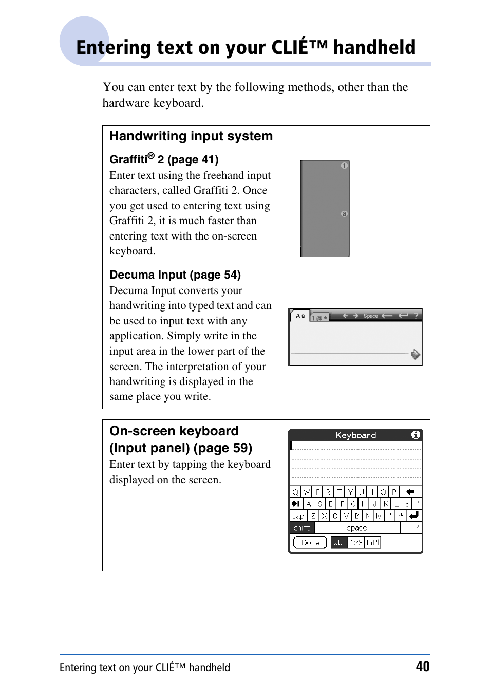 Entering text on your clié™ handheld | Sony PEG-UX40 User Manual | Page 40 / 197