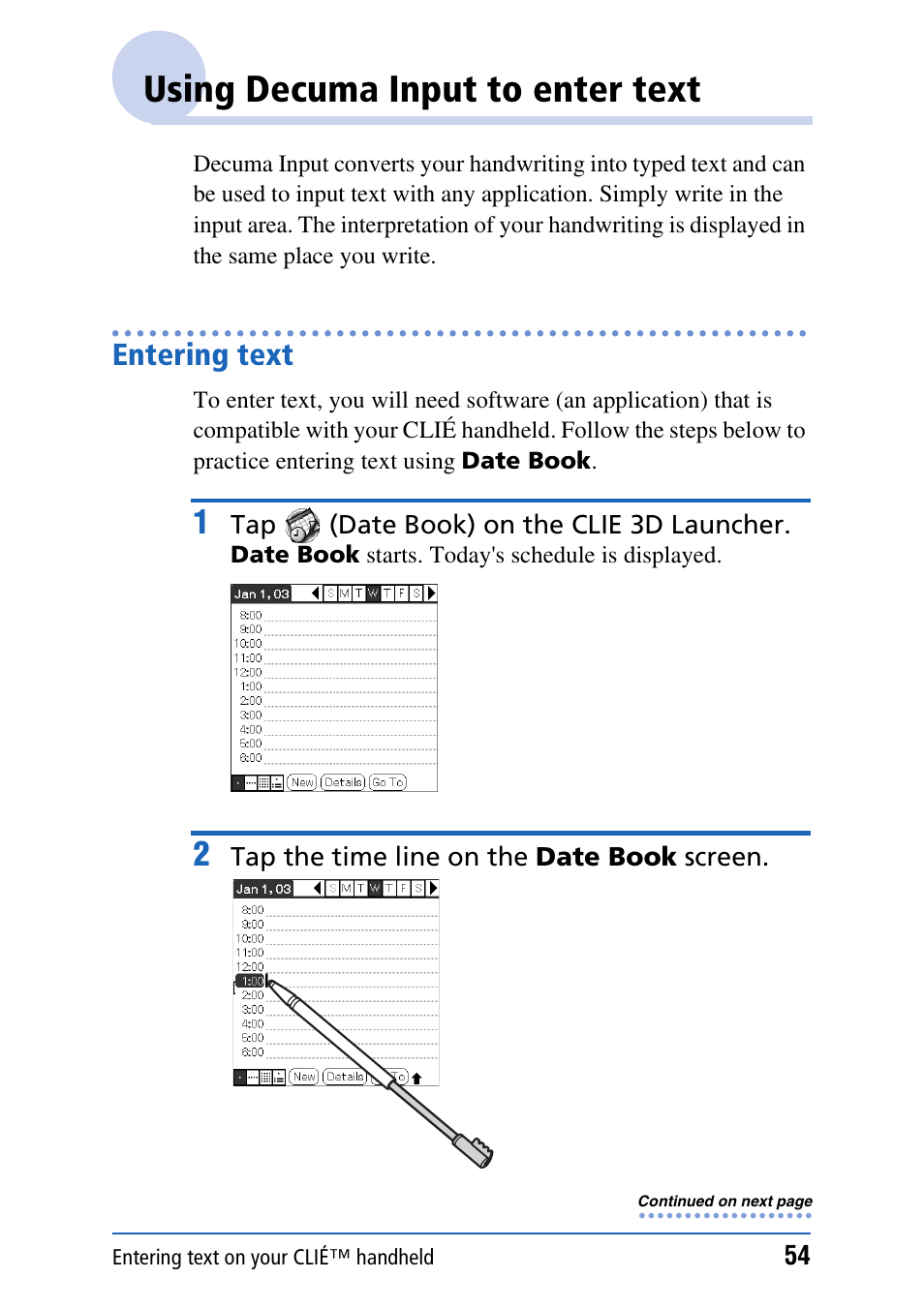 Using decuma input to enter text, Entering text | Sony PEG-UX40 User Manual | Page 54 / 197