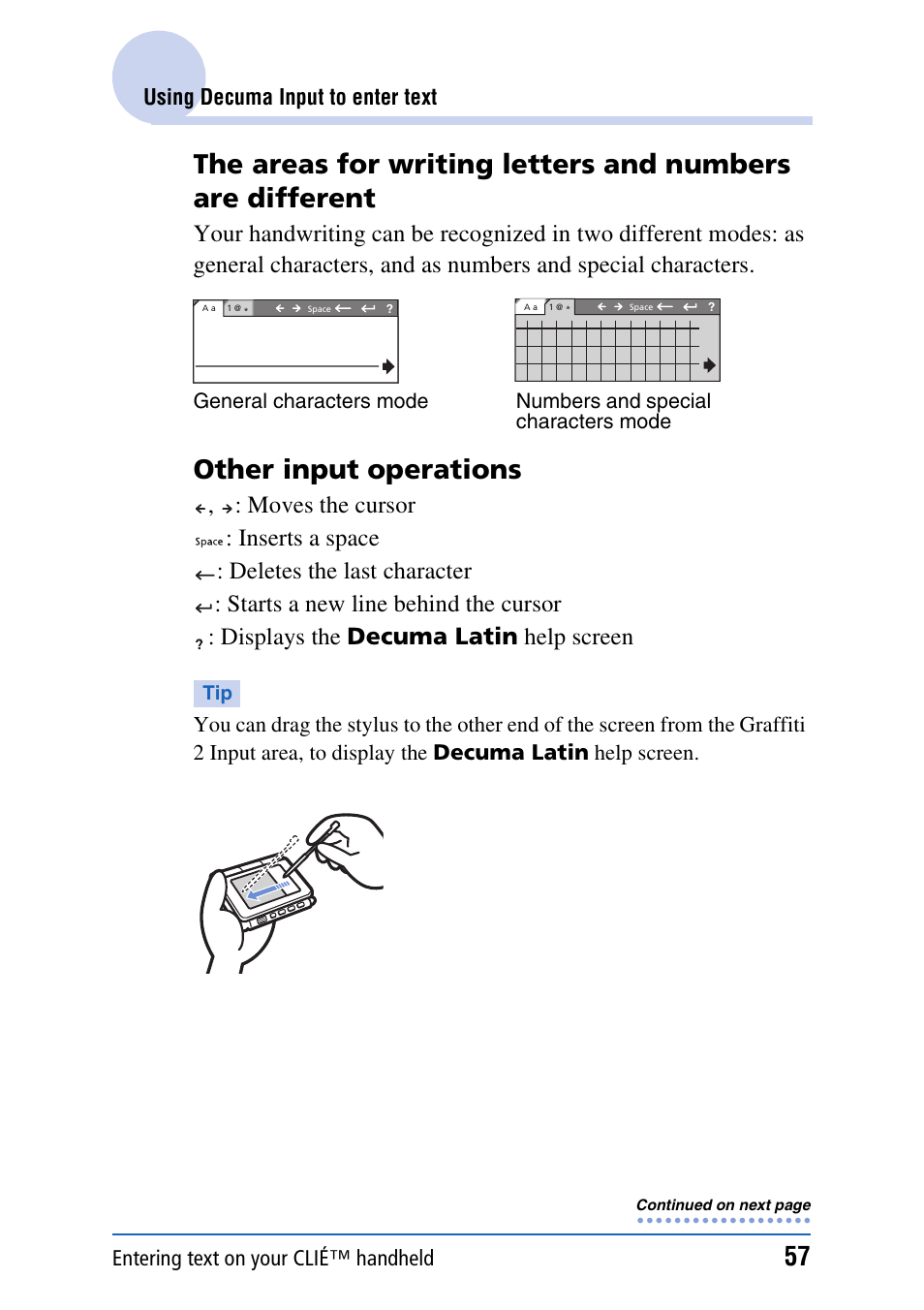 Other input operations, Entering text on your clié™ handheld, Using decuma input to enter text | Sony PEG-UX40 User Manual | Page 57 / 197