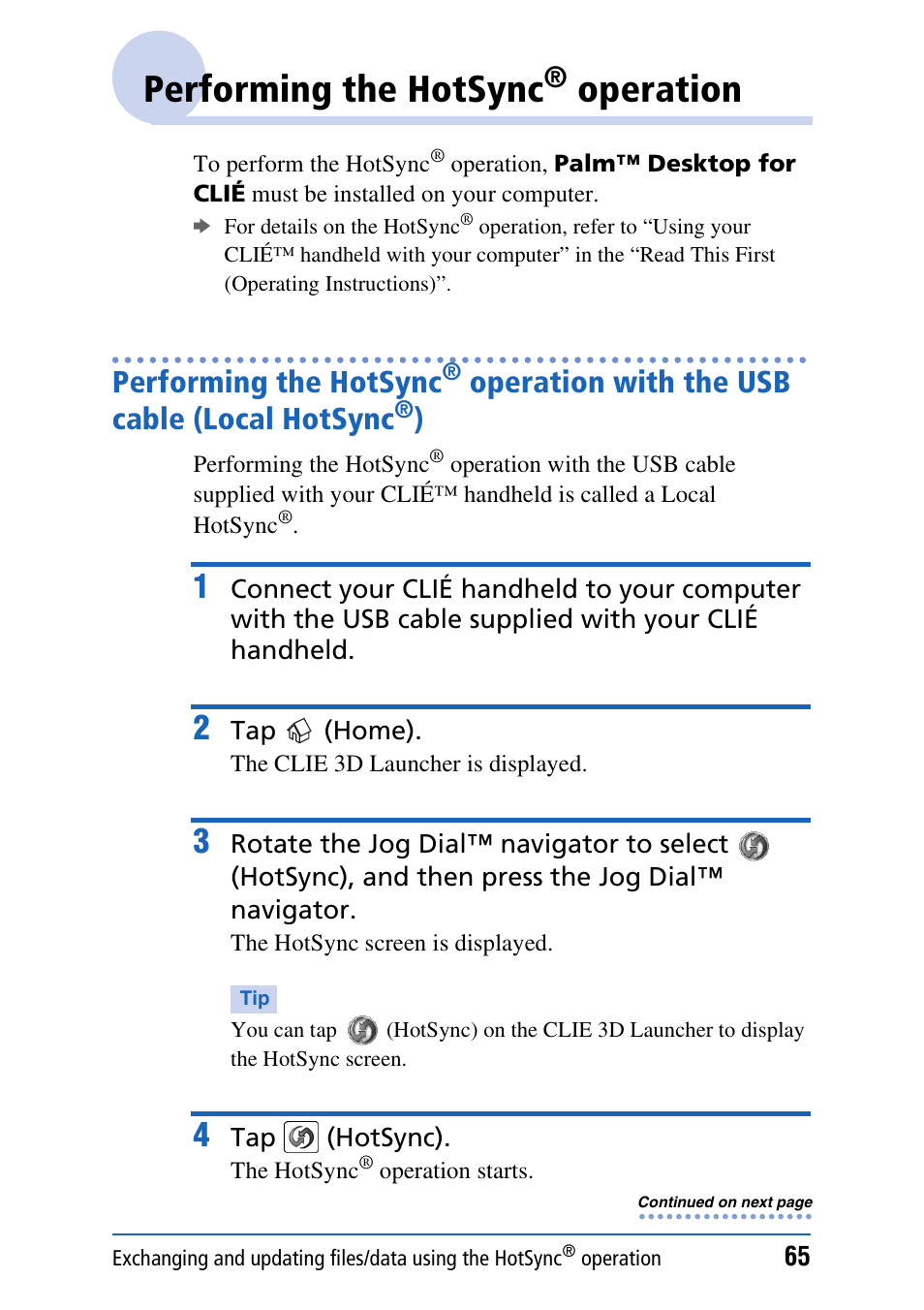 Performing the hotsync® operation, Performing the hotsync, Operation | Operation with the usb cable, Local hotsync, Operation with the usb cable (local hotsync | Sony PEG-UX40 User Manual | Page 65 / 197