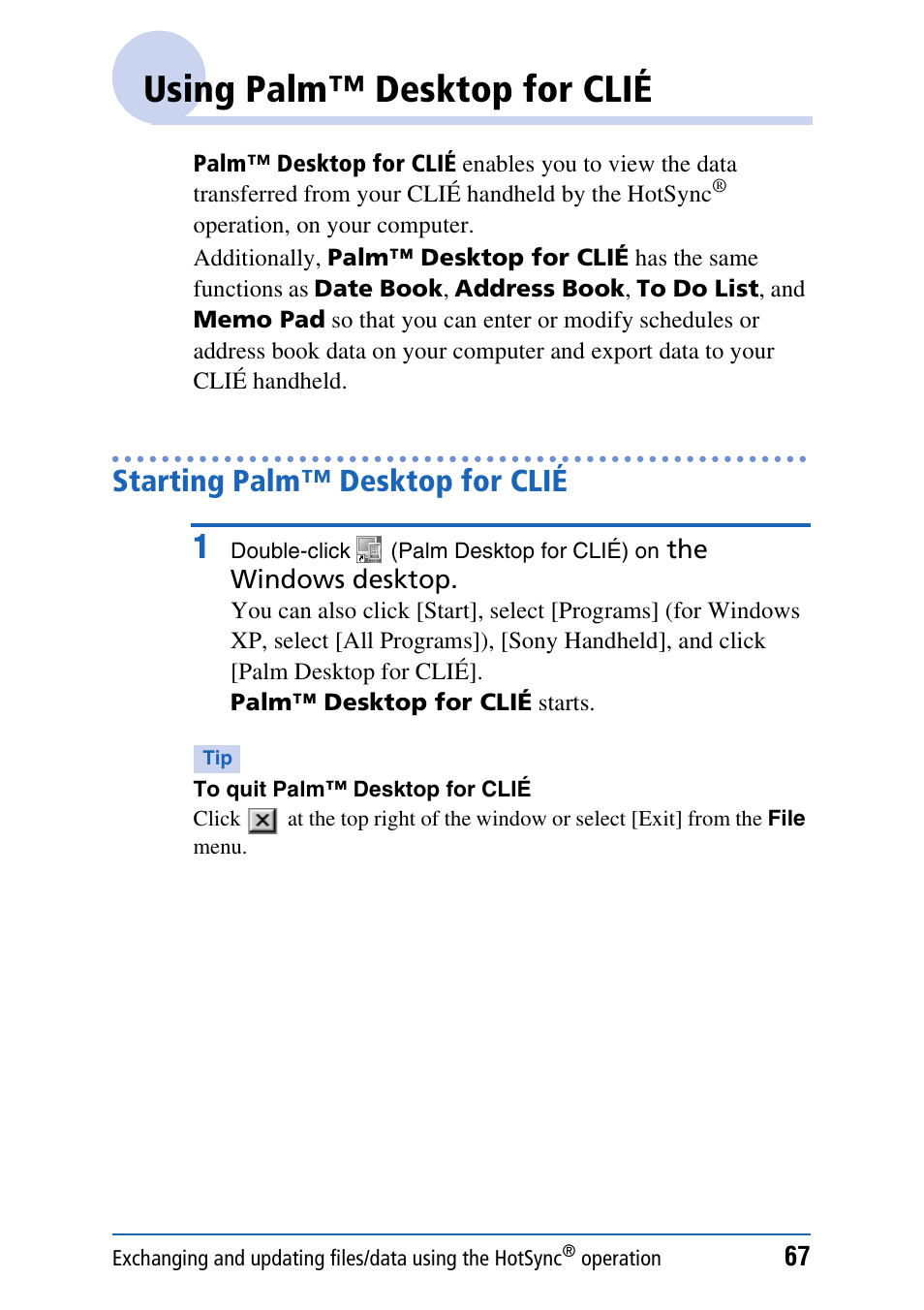 Using palm™ desktop for clié, Starting palm™ desktop for clié | Sony PEG-UX40 User Manual | Page 67 / 197