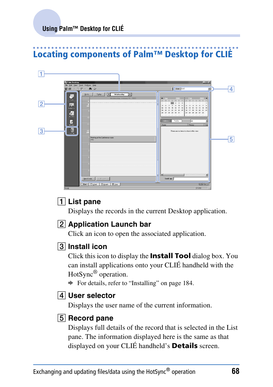 Locating components of palm™ desktop for clié | Sony PEG-UX40 User Manual | Page 68 / 197