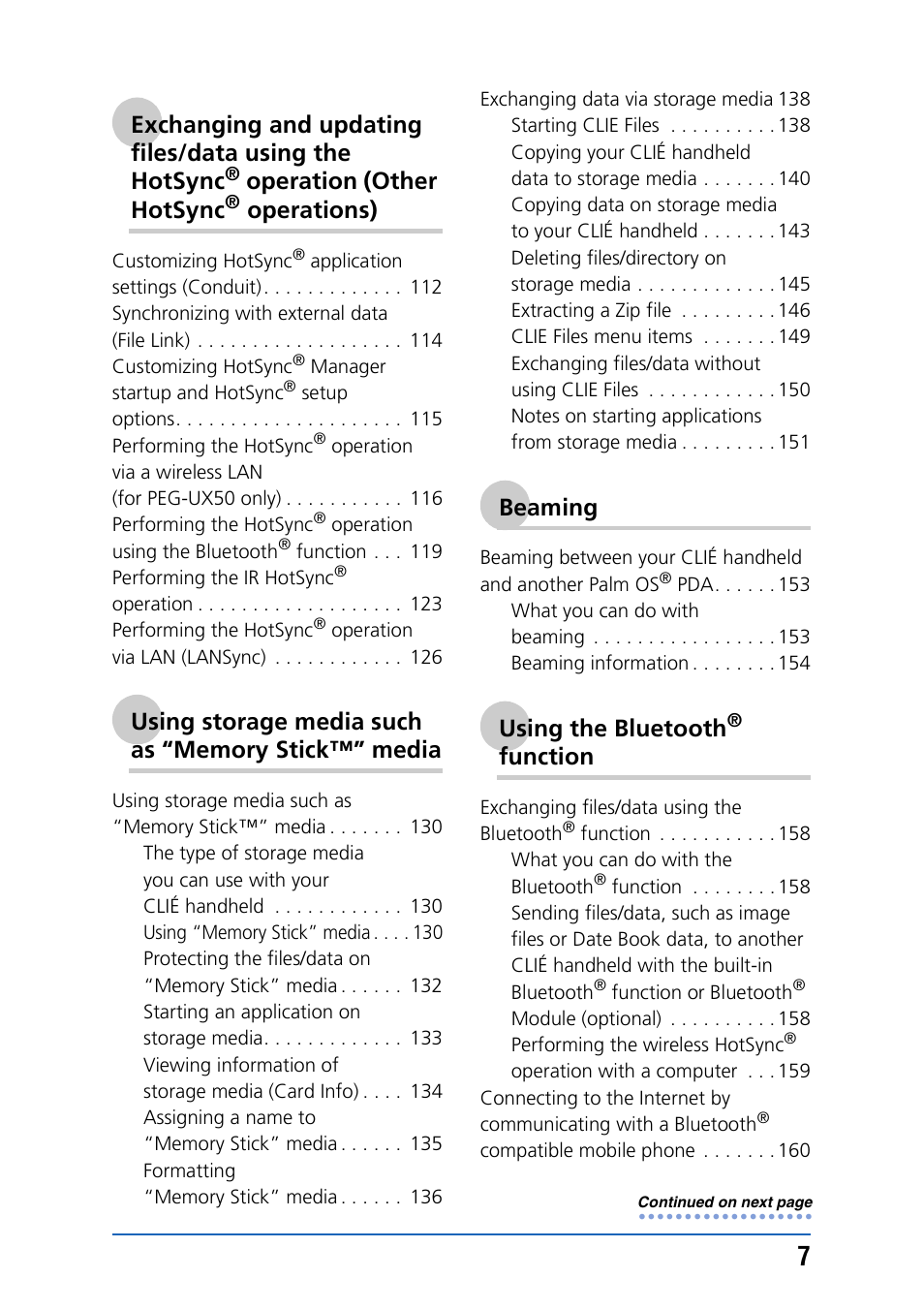 Operation (other hotsync, Operations), Beaming | Using the bluetooth, Function | Sony PEG-UX40 User Manual | Page 7 / 197