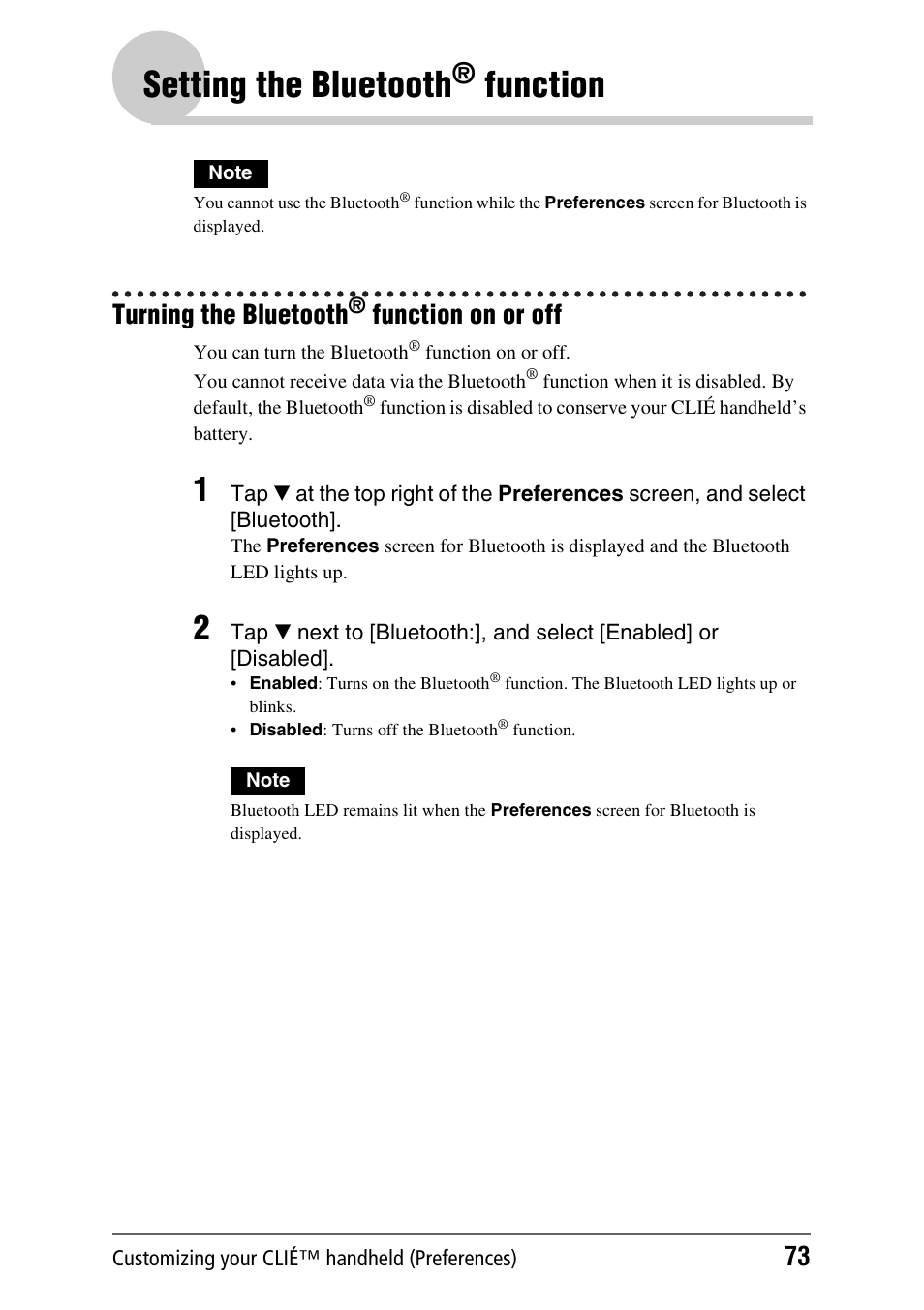 Setting the bluetooth® function, Turning the bluetooth® function on or off, Setting the bluetooth | Function, Turning the bluetooth, Function on, Or off, Function on or off | Sony PEG-UX40 User Manual | Page 73 / 197