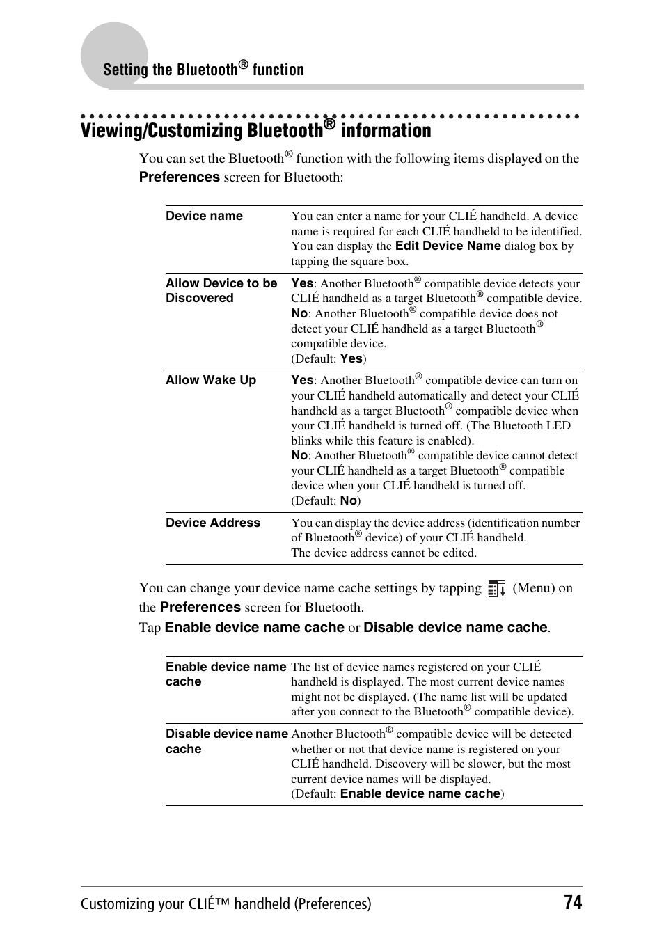 Viewing/customizing bluetooth® information, Viewing/customizing bluetooth, Information | Customizing your clié™ handheld (preferences), Setting the bluetooth, Function | Sony PEG-UX40 User Manual | Page 74 / 197