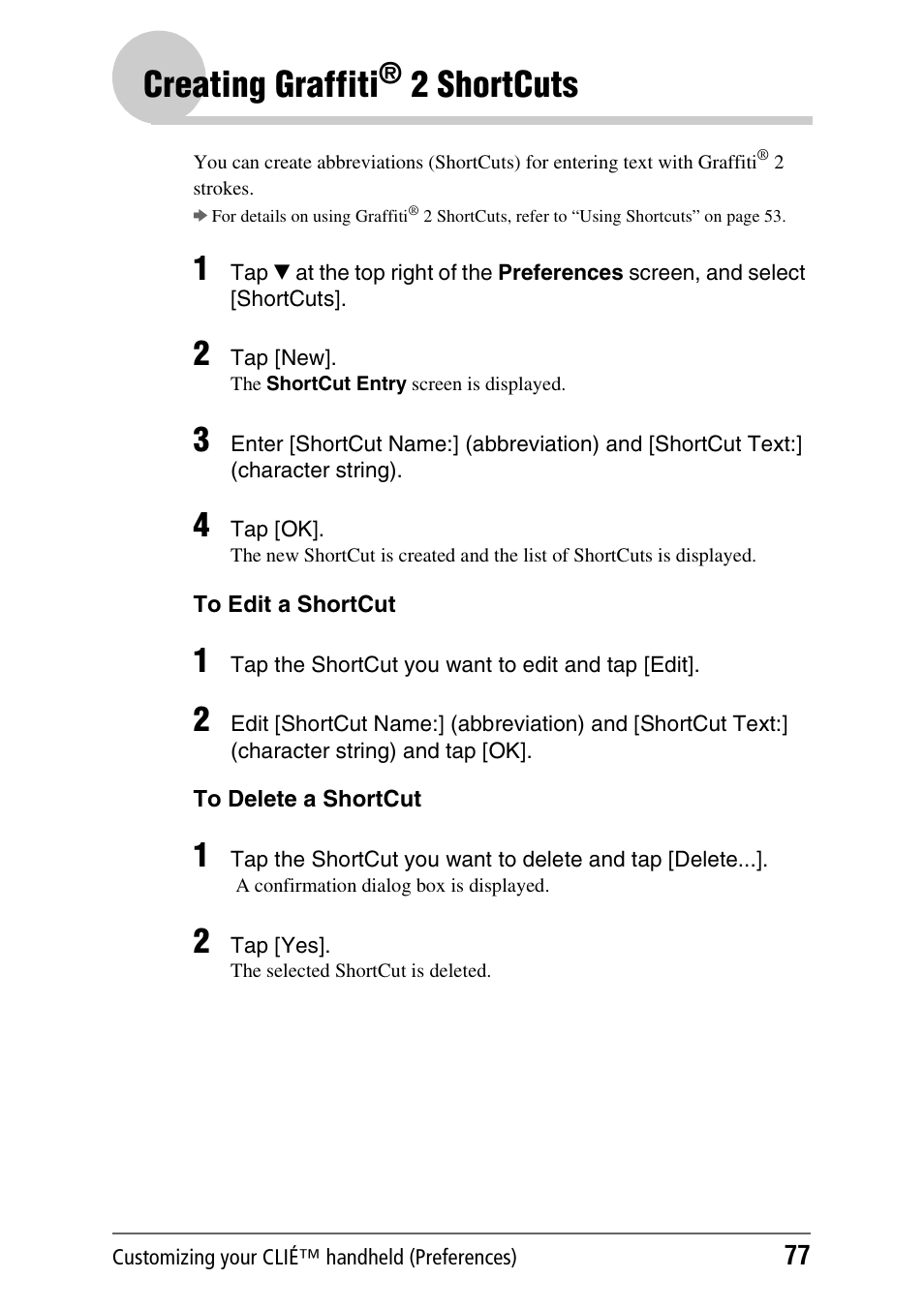 Creating graffiti® 2 shortcuts, Creating graffiti, 2 shortcuts | Sony PEG-UX40 User Manual | Page 77 / 197