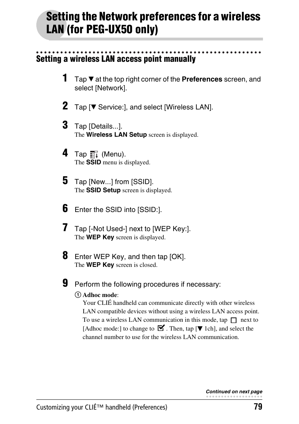 Setting a wireless lan access point manually, Setting the network preferences for, A wireless lan (for peg-ux50 only) | Sony PEG-UX40 User Manual | Page 79 / 197