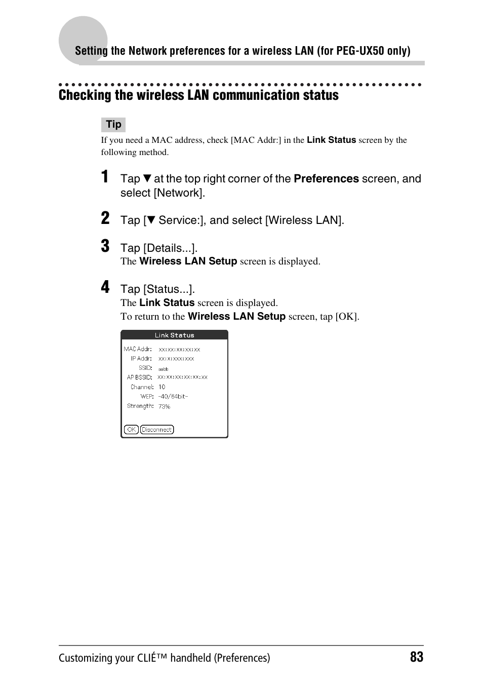 Checking the wireless lan communication status | Sony PEG-UX40 User Manual | Page 83 / 197