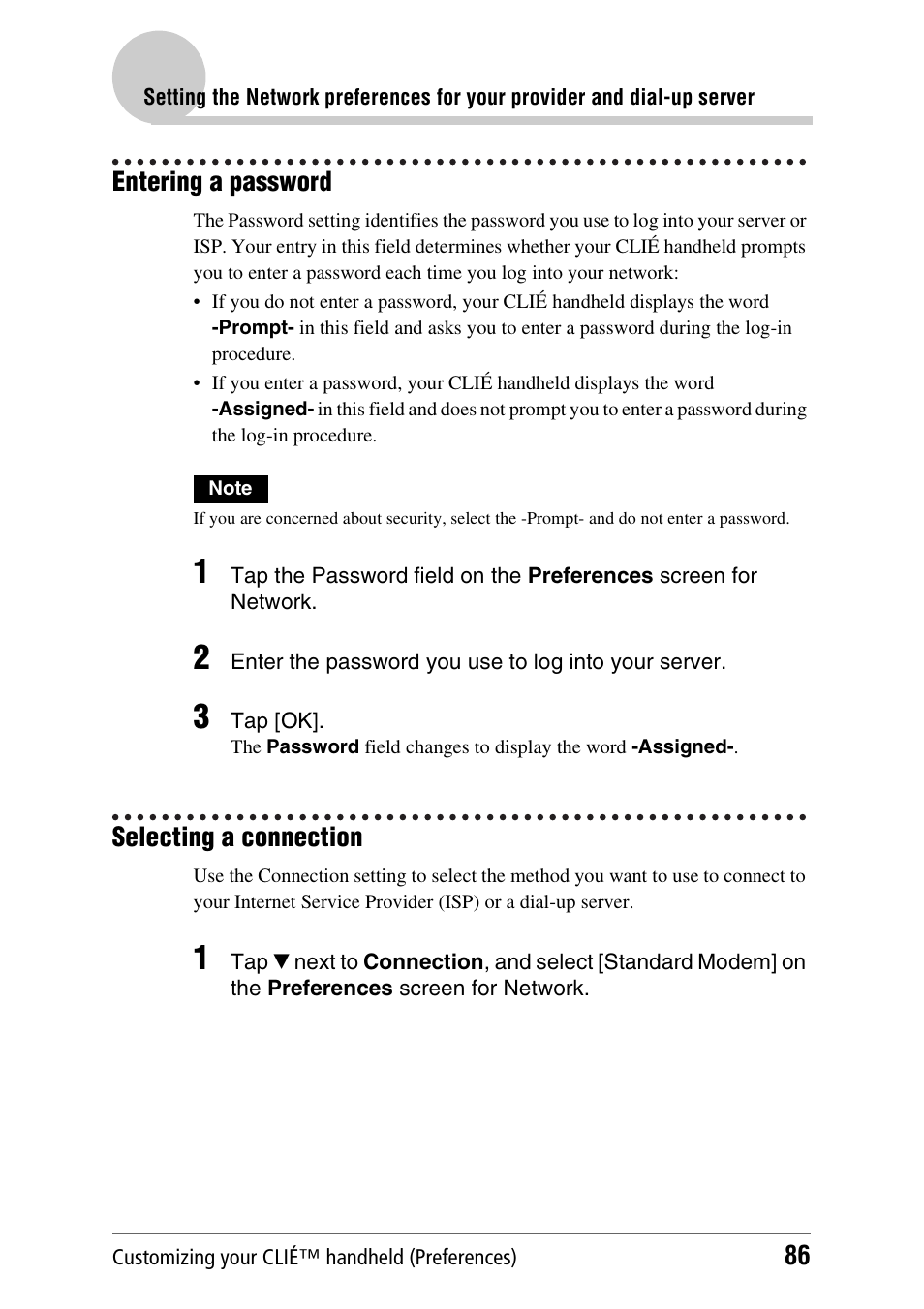 Entering a password, Selecting a connection, Entering a password selecting a connection | Sony PEG-UX40 User Manual | Page 86 / 197