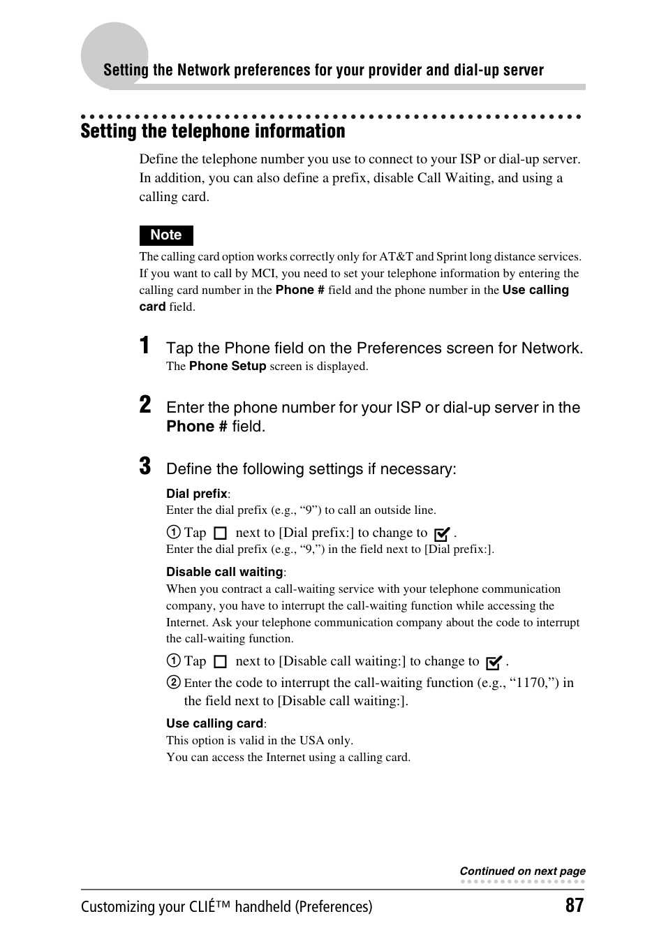 Setting the telephone information | Sony PEG-UX40 User Manual | Page 87 / 197