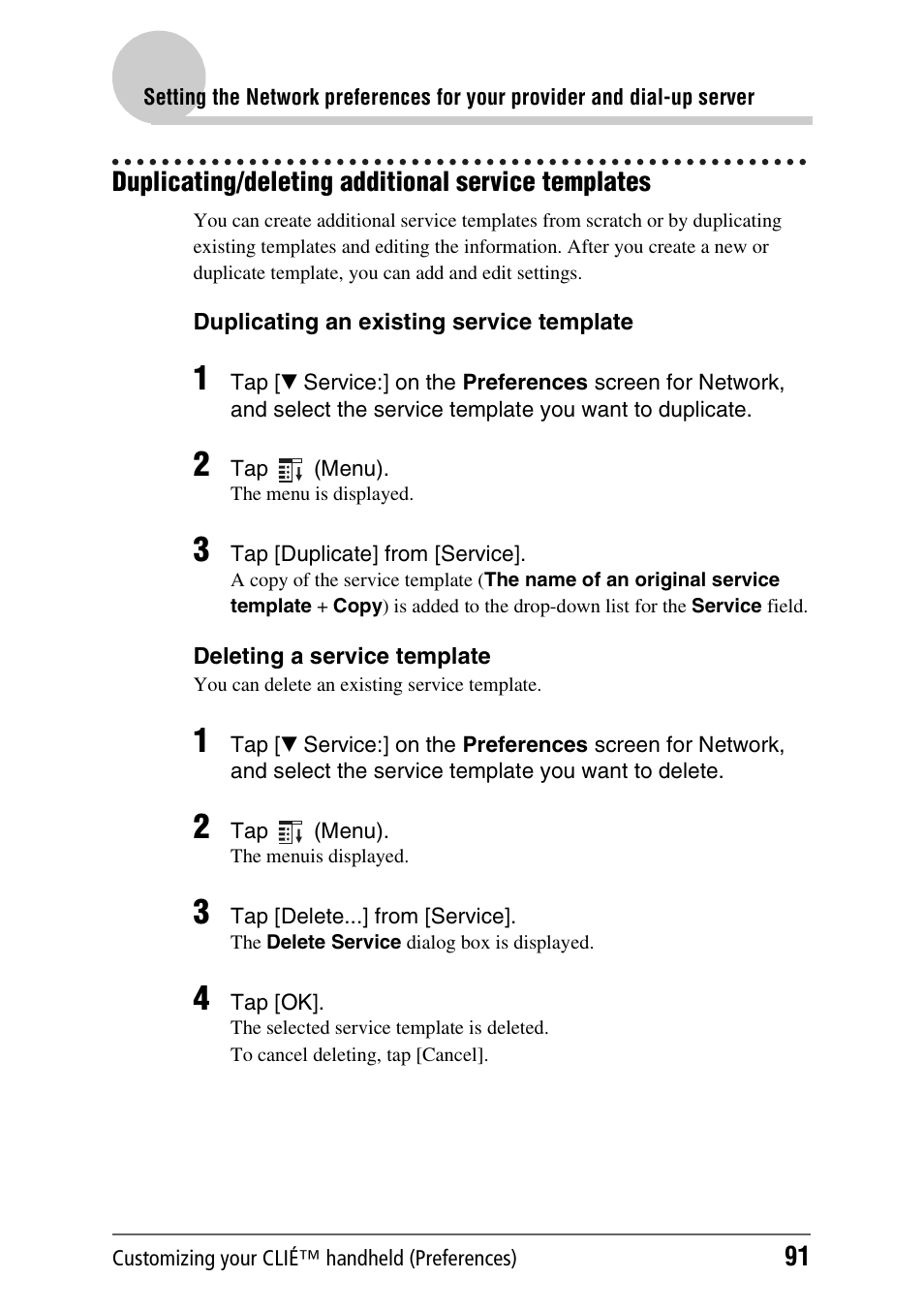 Duplicating/deleting additional service templates | Sony PEG-UX40 User Manual | Page 91 / 197