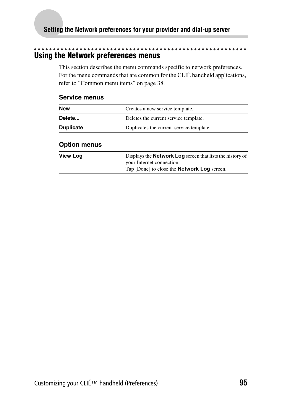 Using the network preferences menus | Sony PEG-UX40 User Manual | Page 95 / 197