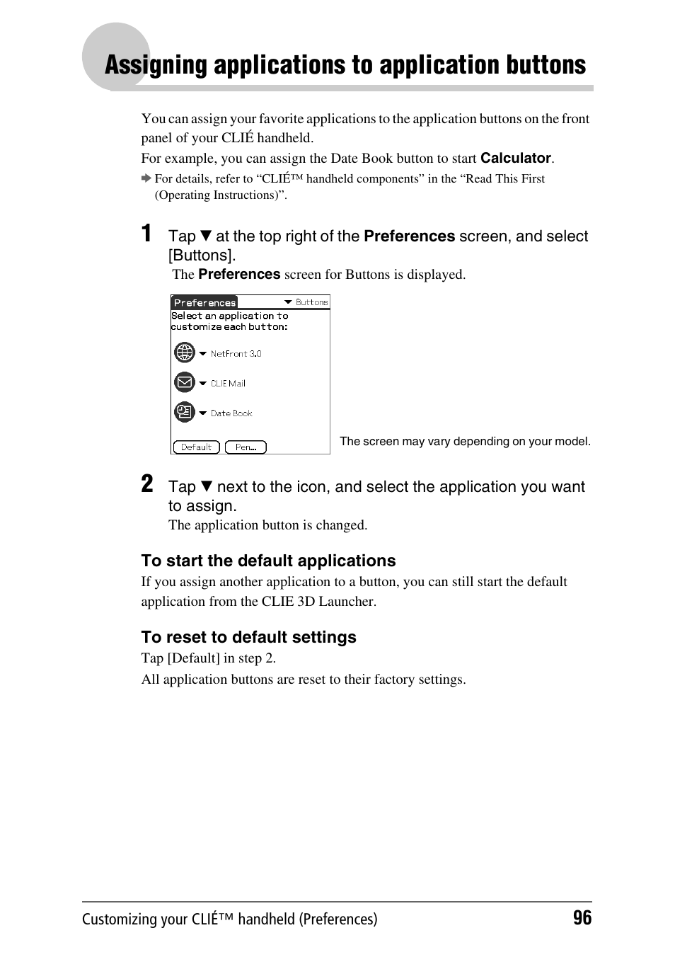 Assigning applications to application buttons, S 96 t | Sony PEG-UX40 User Manual | Page 96 / 197