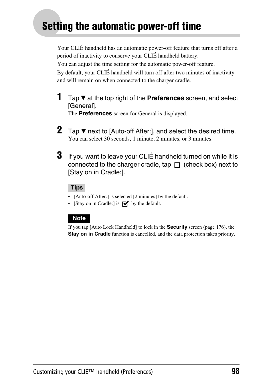 Setting the automatic power-off time, S 98 t | Sony PEG-UX40 User Manual | Page 98 / 197