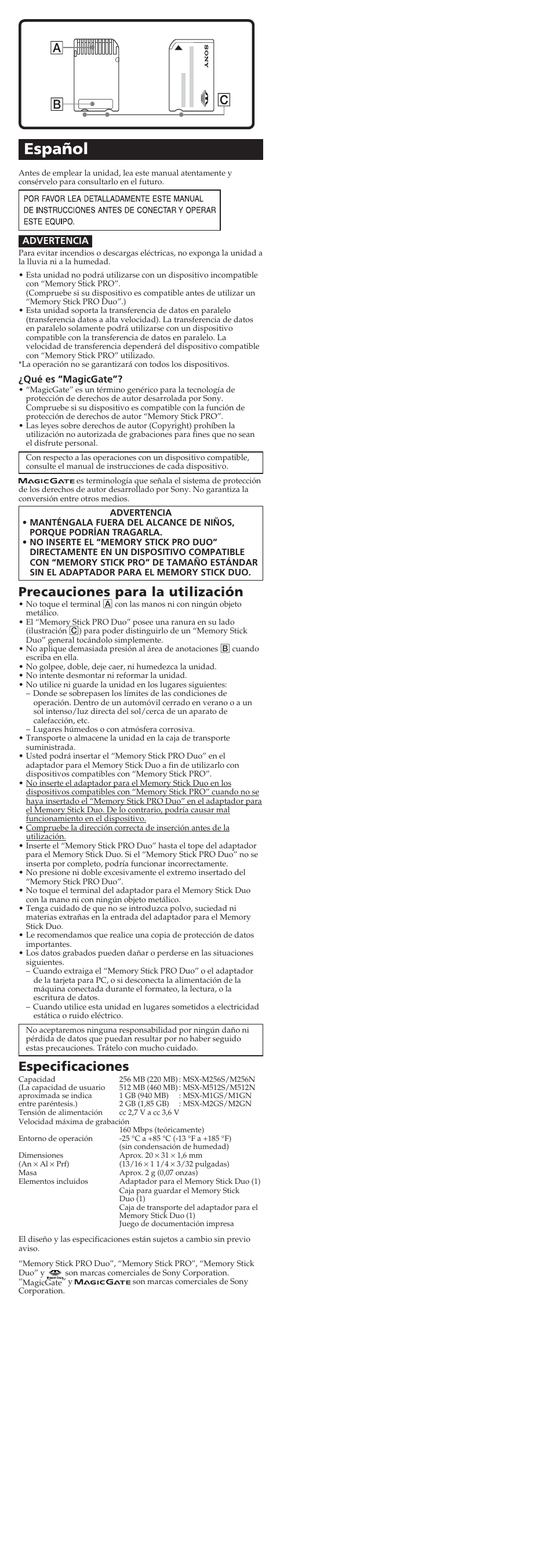 Español, Precauciones para la utilización, Especificaciones | Sony MSX-512S User Manual | Page 2 / 2