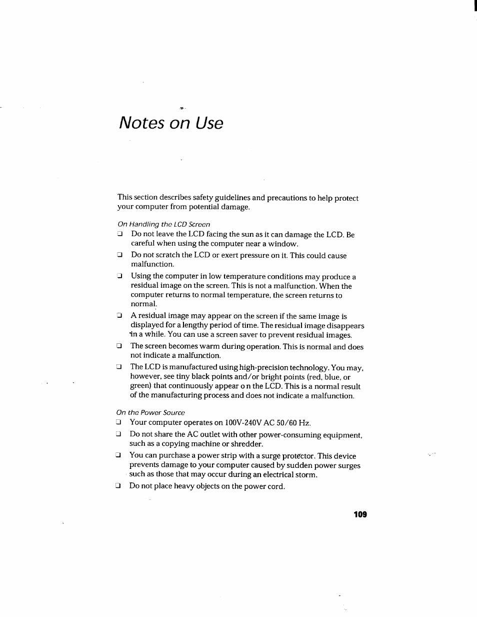 Notes on use | Sony PCG-808 User Manual | Page 121 / 144