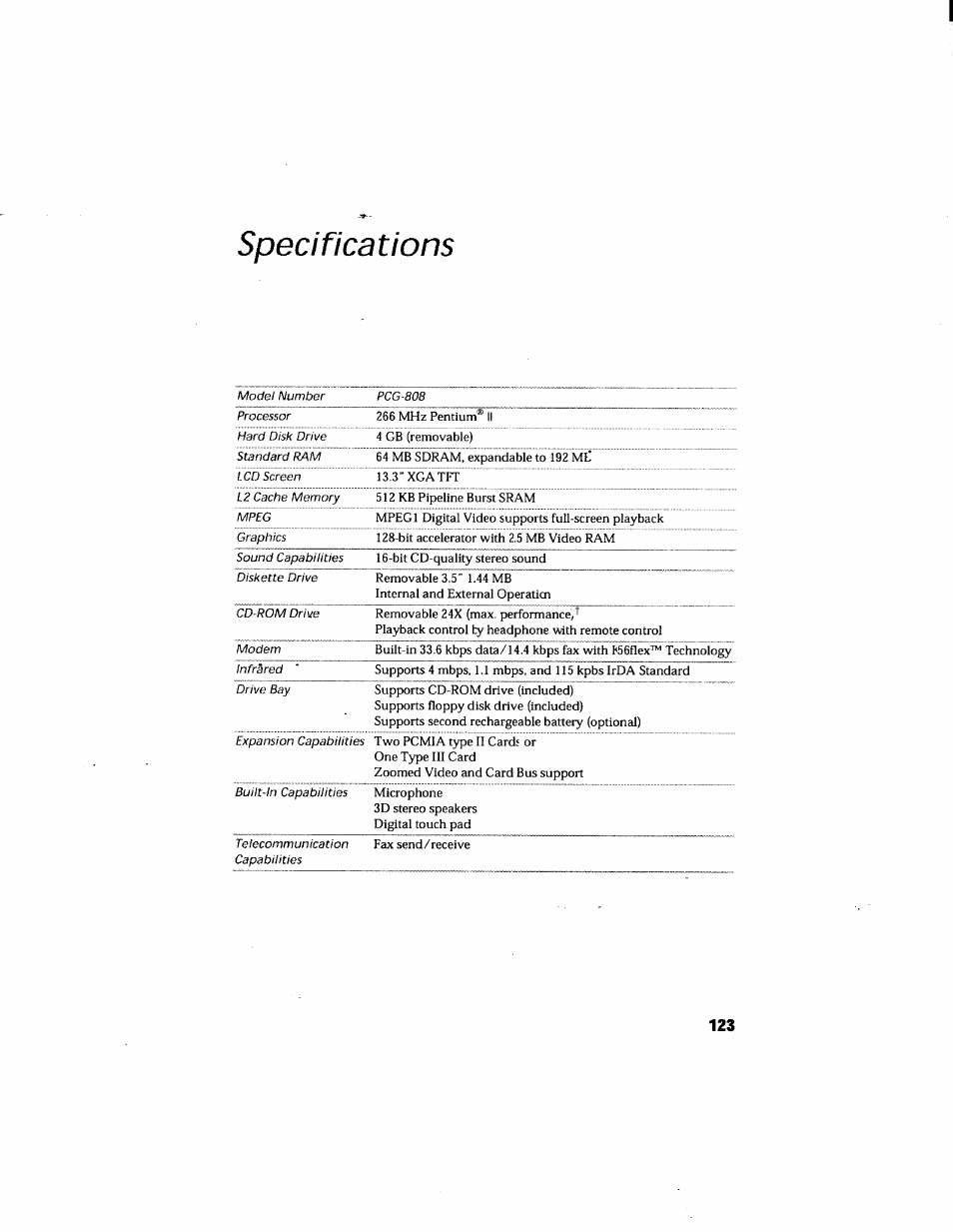 Specifications | Sony PCG-808 User Manual | Page 135 / 144