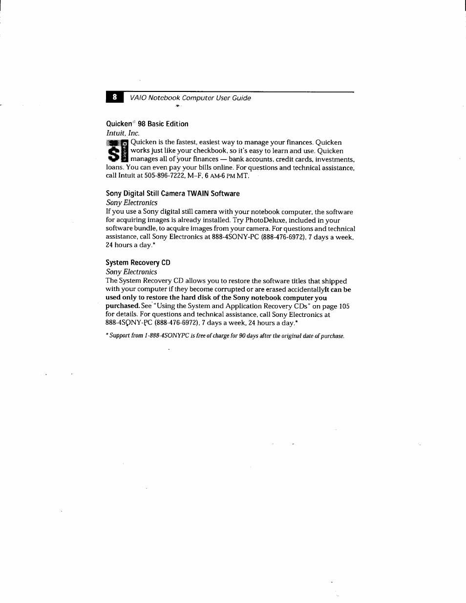 Quicken' 98 basic edition intuit, inc, Sony digital still camera twain software, System recovery cd sony electronics | Sony PCG-808 User Manual | Page 20 / 144