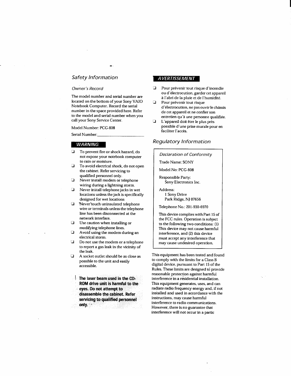 Safety information, Regulatory information, Safety information avertissement | Warning | Sony PCG-808 User Manual | Page 3 / 144