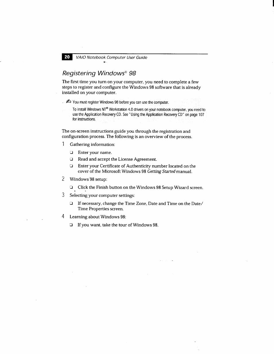 Registering windows^ 98, Registering windows® 98 | Sony PCG-808 User Manual | Page 32 / 144