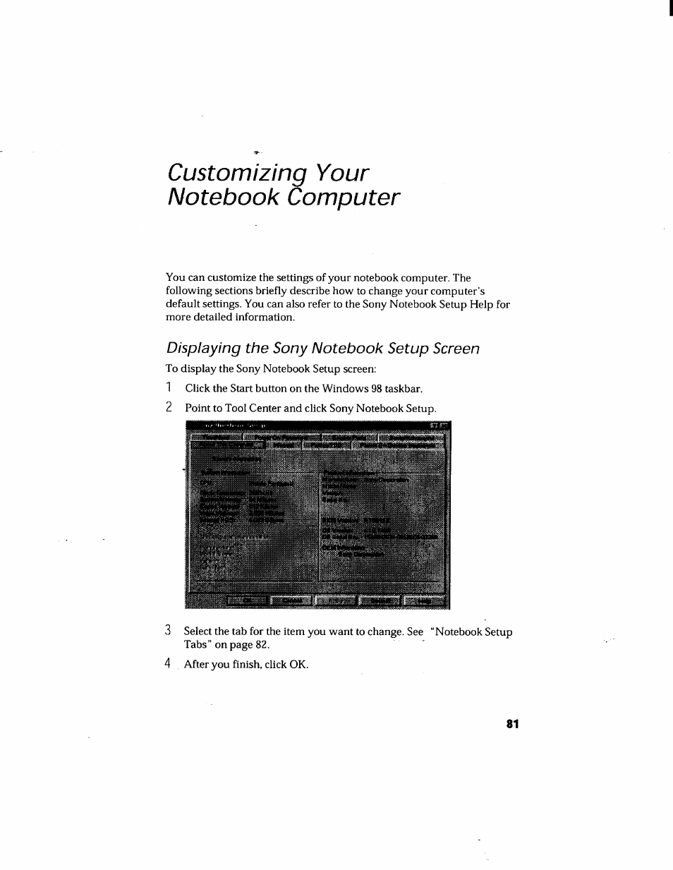 Customizing your notebook computer, Displaying the sony notebook setup screen, Czsn | Ajisr | Sony PCG-808 User Manual | Page 93 / 144