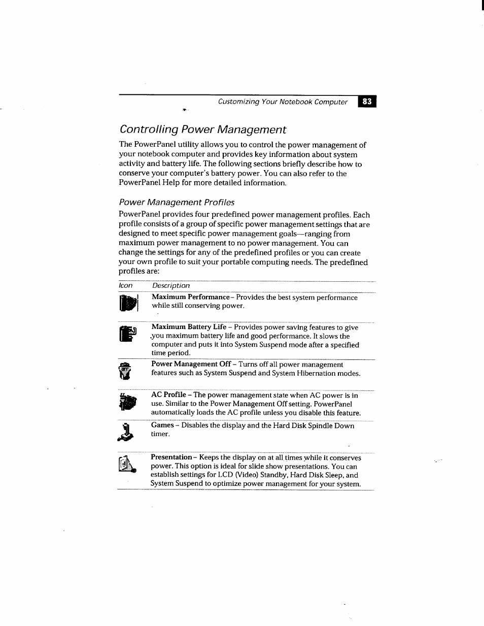 Controlling power management, Power management profiles | Sony PCG-808 User Manual | Page 95 / 144