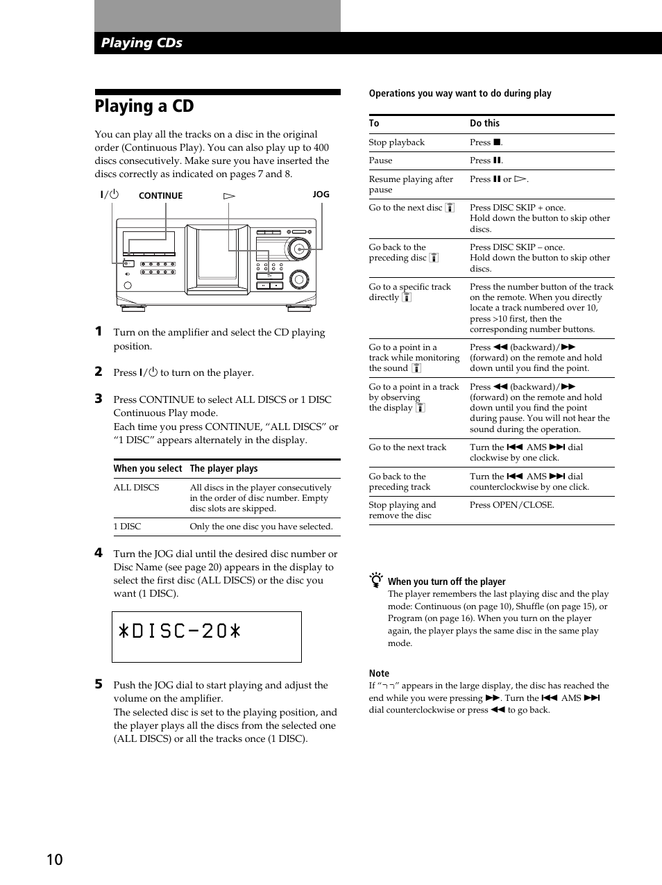 Playing a cd, Playing cds | Sony CDP-CX400 User Manual | Page 10 / 36