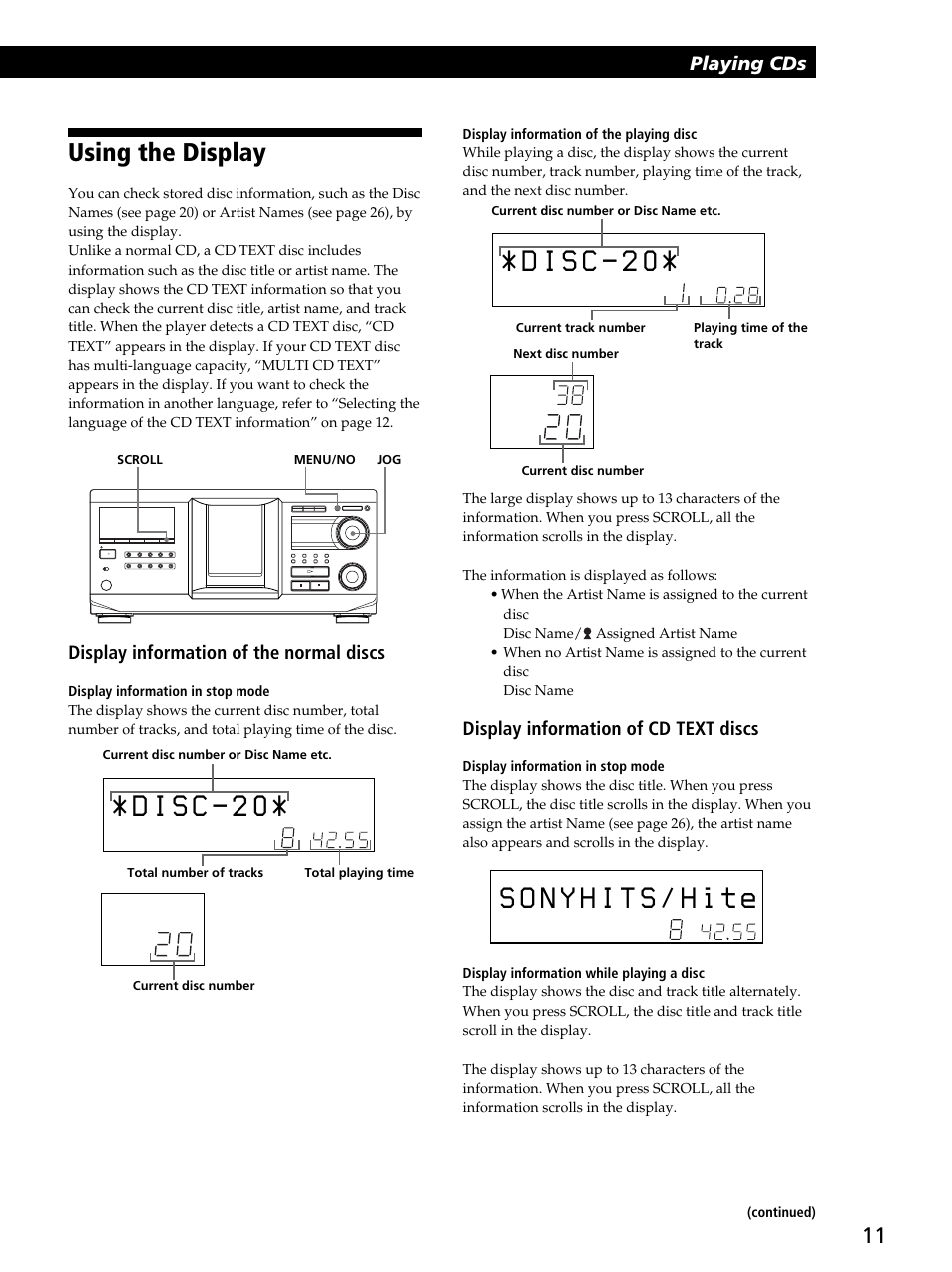 Using the display, Playing cds, Display information of the normal discs | Display information of cd text discs | Sony CDP-CX400 User Manual | Page 11 / 36