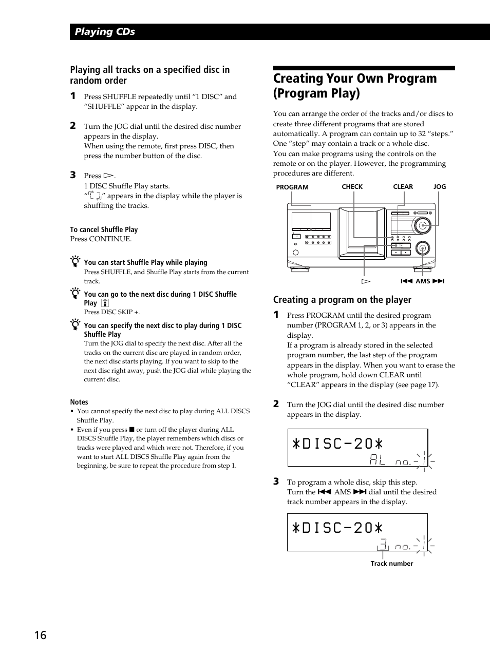 Creating your own program (program play), Playing cds, Creating a program on the player 1 | Sony CDP-CX400 User Manual | Page 16 / 36