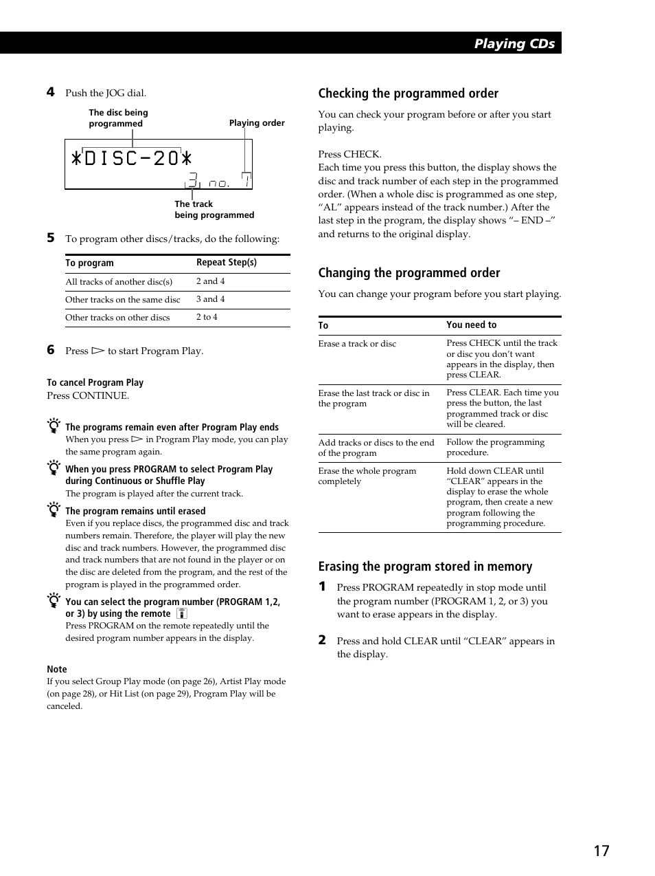 Playing cds, Playing cds 4, Checking the programmed order | Changing the programmed order | Sony CDP-CX400 User Manual | Page 17 / 36