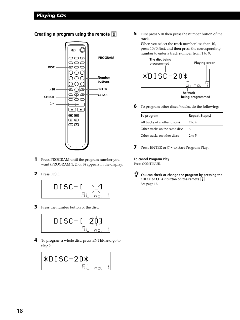 D i s c, Playing cds, Creating a program using the remote z | Sony CDP-CX400 User Manual | Page 18 / 36