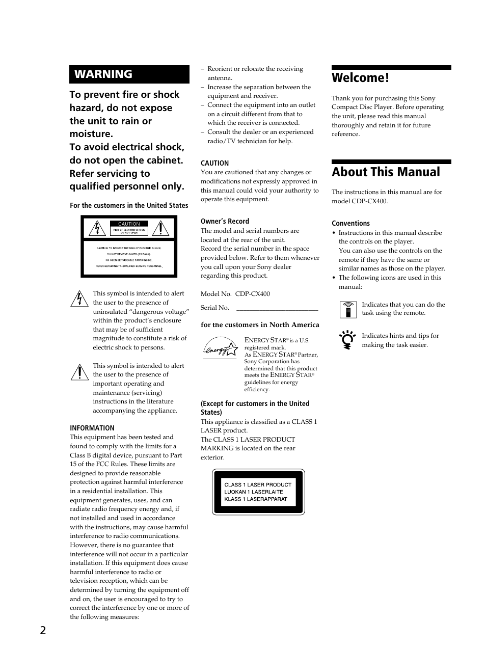 Welcome, About this manual, 2warning | Sony CDP-CX400 User Manual | Page 2 / 36