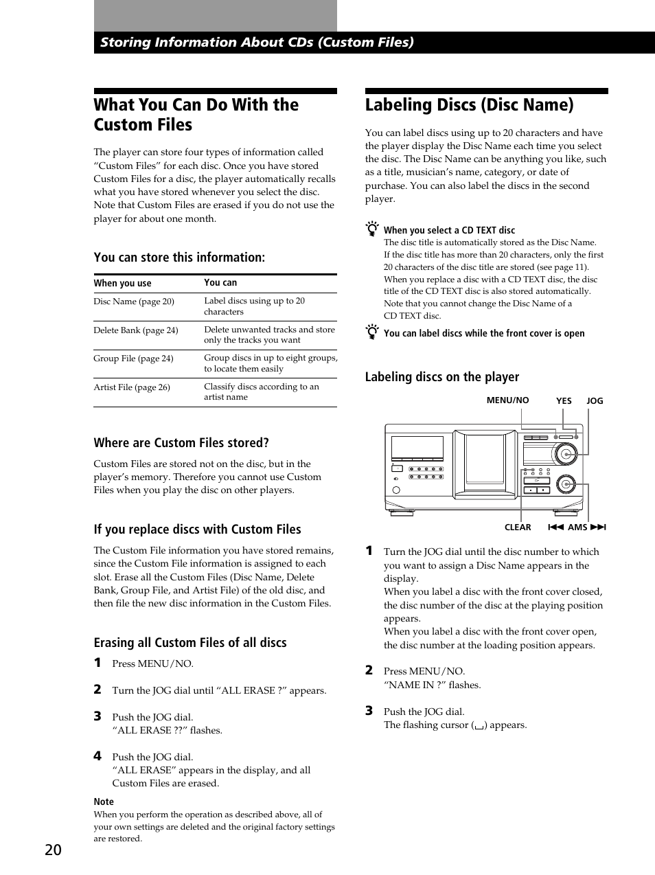 What you can do with the custom files, Labeling discs (disc name), Storing information about cds (custom files) | You can store this information, Where are custom files stored, If you replace discs with custom files, Erasing all custom files of all discs 1, Labeling discs on the player 1 | Sony CDP-CX400 User Manual | Page 20 / 36