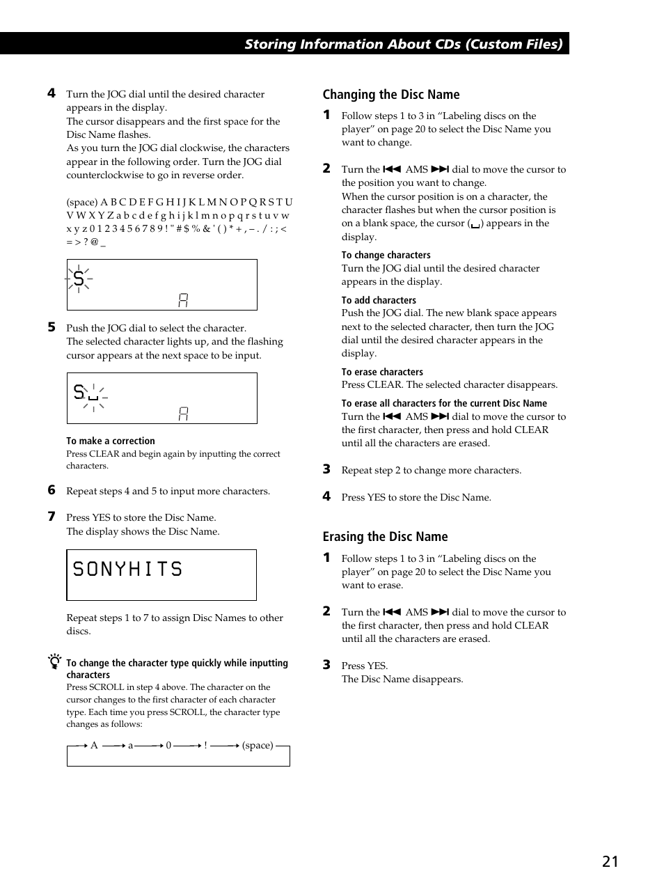 Storing information about cds (custom files), Storing information about cds (custom files) 4, Changing the disc name 1 | Erasing the disc name 1 | Sony CDP-CX400 User Manual | Page 21 / 36