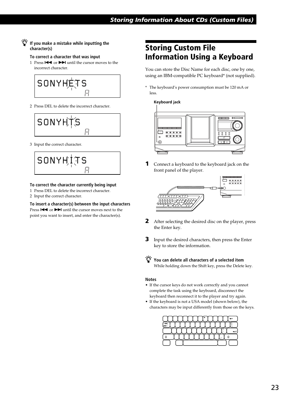Storing custom file information using a keyboard, Storing information about cds (custom files), Storing information about cds (custom files) z | You can delete all characters of a selected item, I / 1 | Sony CDP-CX400 User Manual | Page 23 / 36