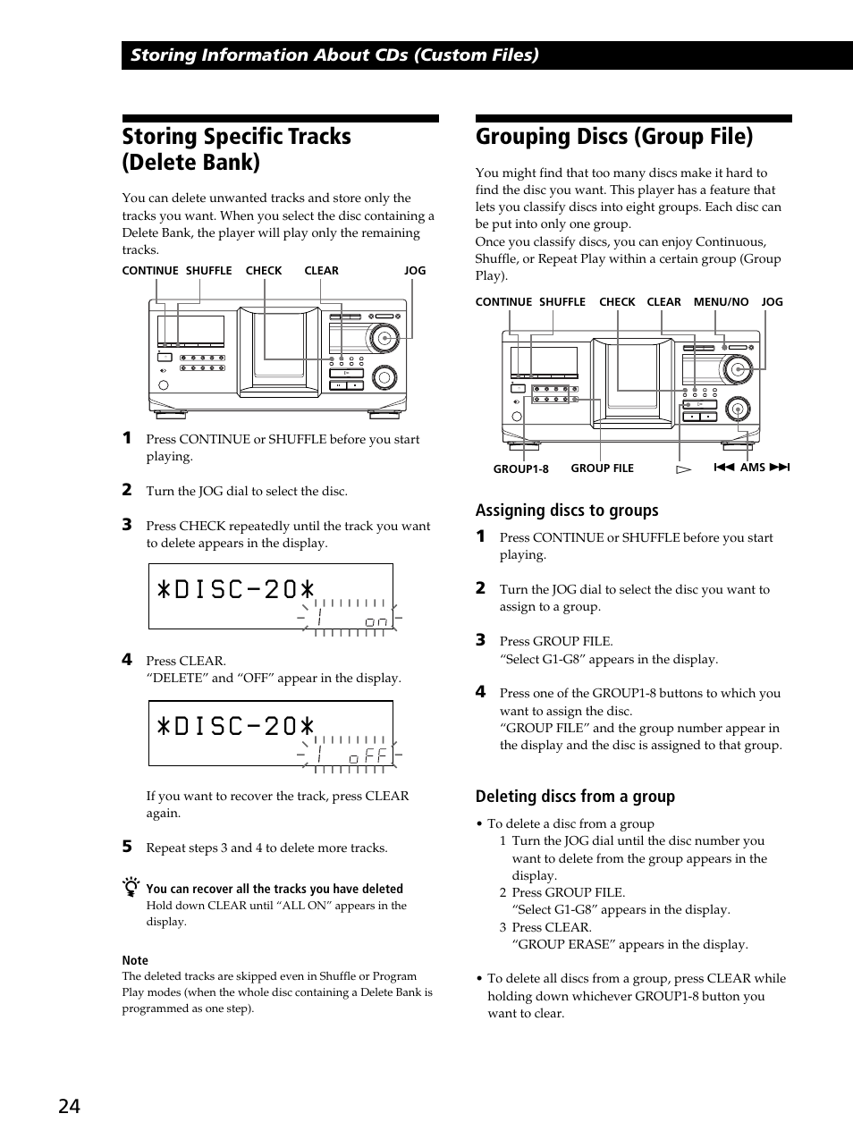 Storing specific tracks (delete bank), Grouping discs (group file), Storing information about cds (custom files) | Assigning discs to groups 1, Deleting discs from a group | Sony CDP-CX400 User Manual | Page 24 / 36