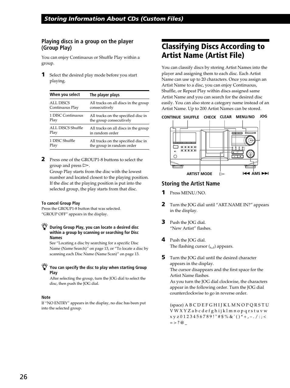 Storing information about cds (custom files), Storing the artist name 1 | Sony CDP-CX400 User Manual | Page 26 / 36