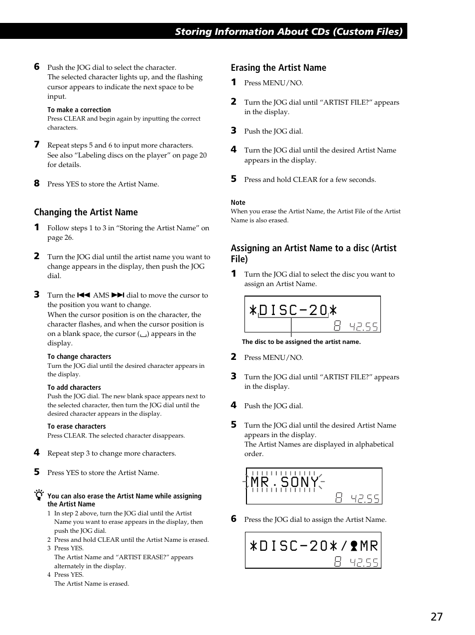 M r . s o n y, Storing information about cds (custom files), Storing information about cds (custom files) 6 | Changing the artist name 1, Erasing the artist name 1, Assigning an artist name to a disc (artist file) 1 | Sony CDP-CX400 User Manual | Page 27 / 36