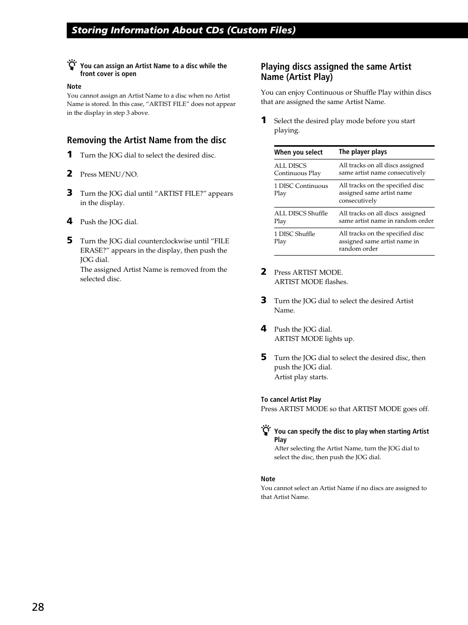 Storing information about cds (custom files), Removing the artist name from the disc 1 | Sony CDP-CX400 User Manual | Page 28 / 36