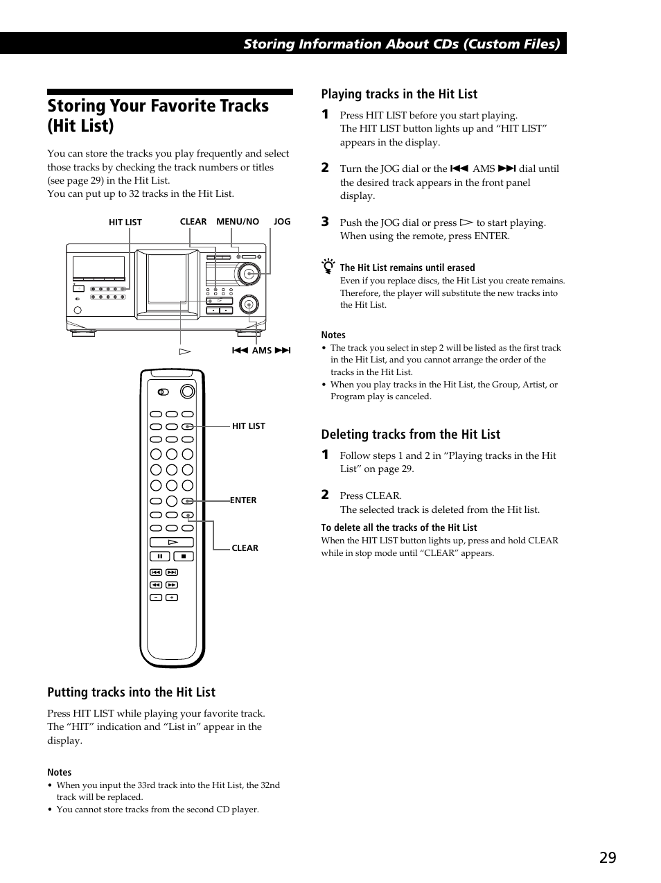 Storing your favorite tracks (hit list), Storing information about cds (custom files), Putting tracks into the hit list | Playing tracks in the hit list 1, Deleting tracks from the hit list 1 | Sony CDP-CX400 User Manual | Page 29 / 36