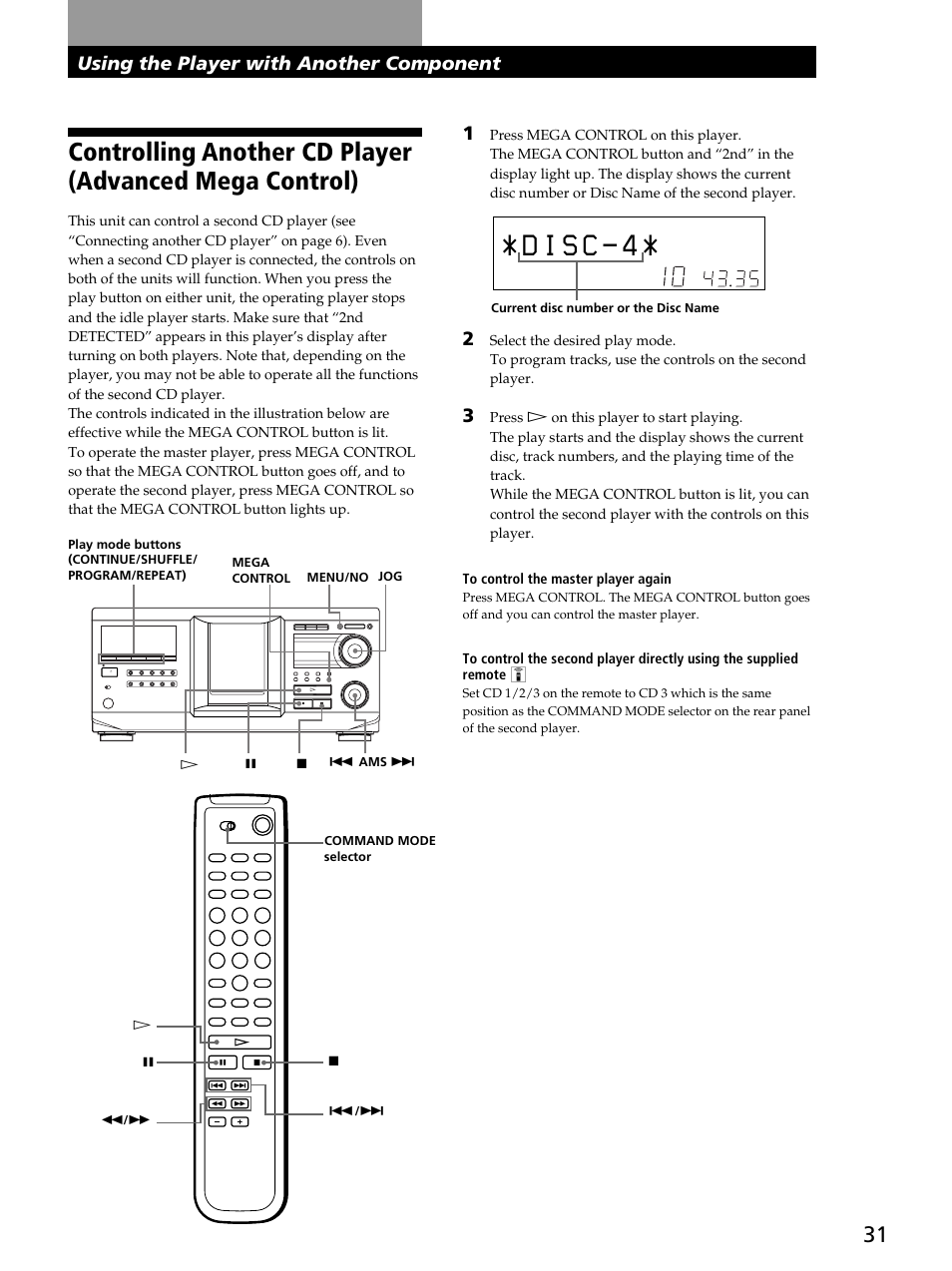 Storing information about cds (custom files), Using the player with another component 1 | Sony CDP-CX400 User Manual | Page 31 / 36