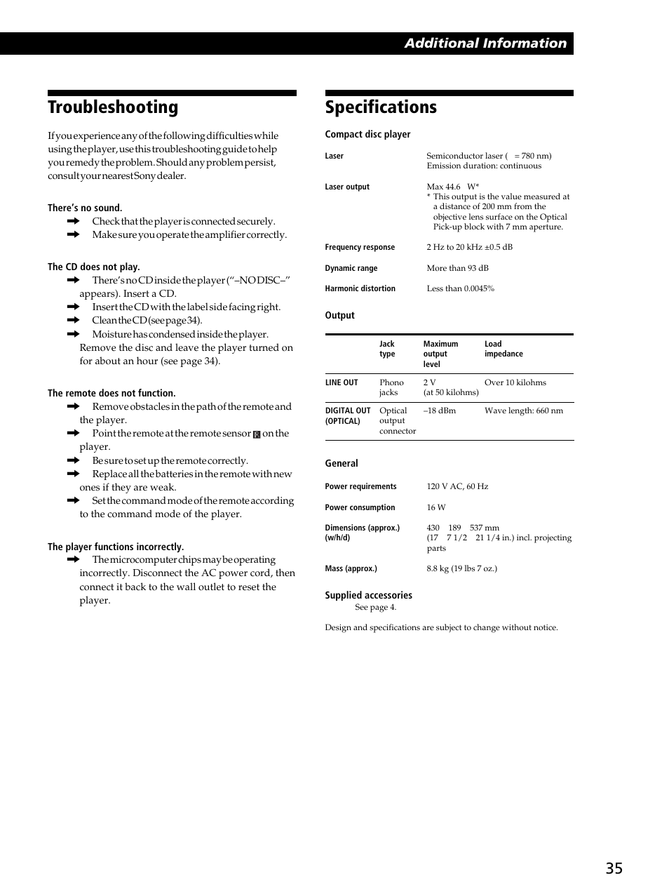 Troubleshooting, Specifications, Additional information | Sony CDP-CX400 User Manual | Page 35 / 36