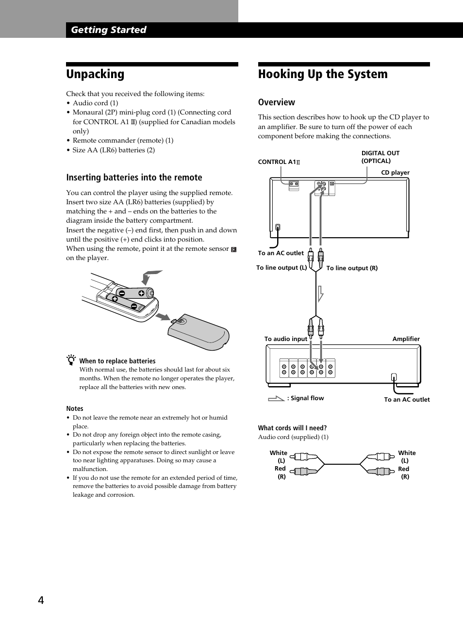 Unpacking, Hooking up the system, Getting started | Inserting batteries into the remote, Overview | Sony CDP-CX400 User Manual | Page 4 / 36