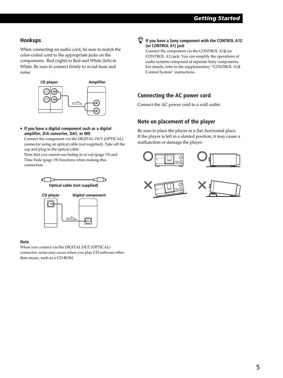 Getting started, Hookups, Connecting the ac power cord | Sony CDP-CX400 User Manual | Page 5 / 36